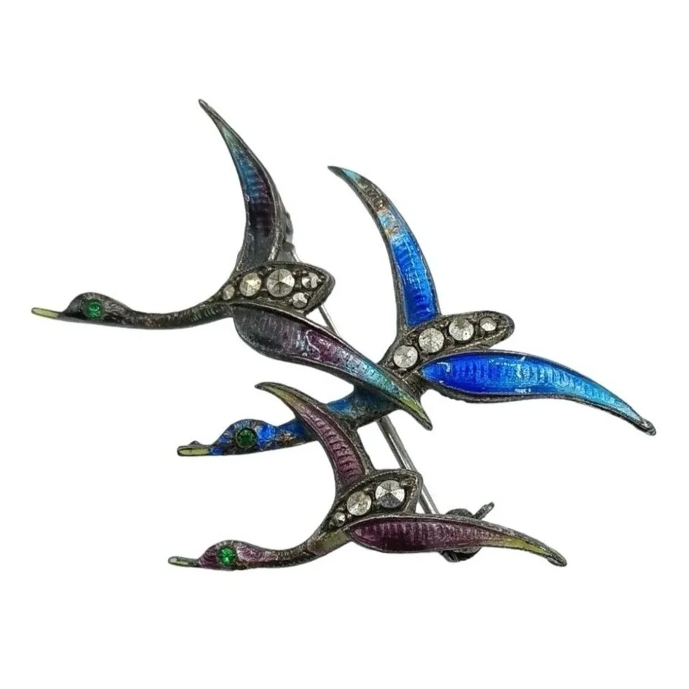 Vintage 835 Silver Bird Brooch Marcasites Enamel Ducks Flying Figural Pin Jewelr